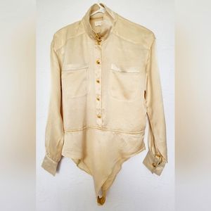 Escada Women's 100%Silk Luxury Shirt Bodysuit Champagne/Gold Buttons Medium